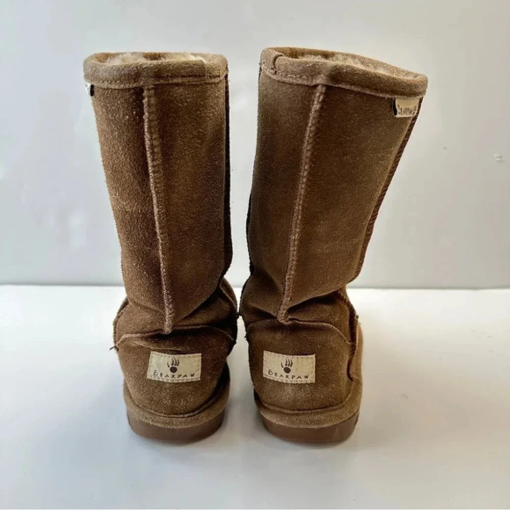 Bearpaw Emma‎ Boots Womens Size 5 Suede Sheepskin Lined Wool Blend Tan Brown